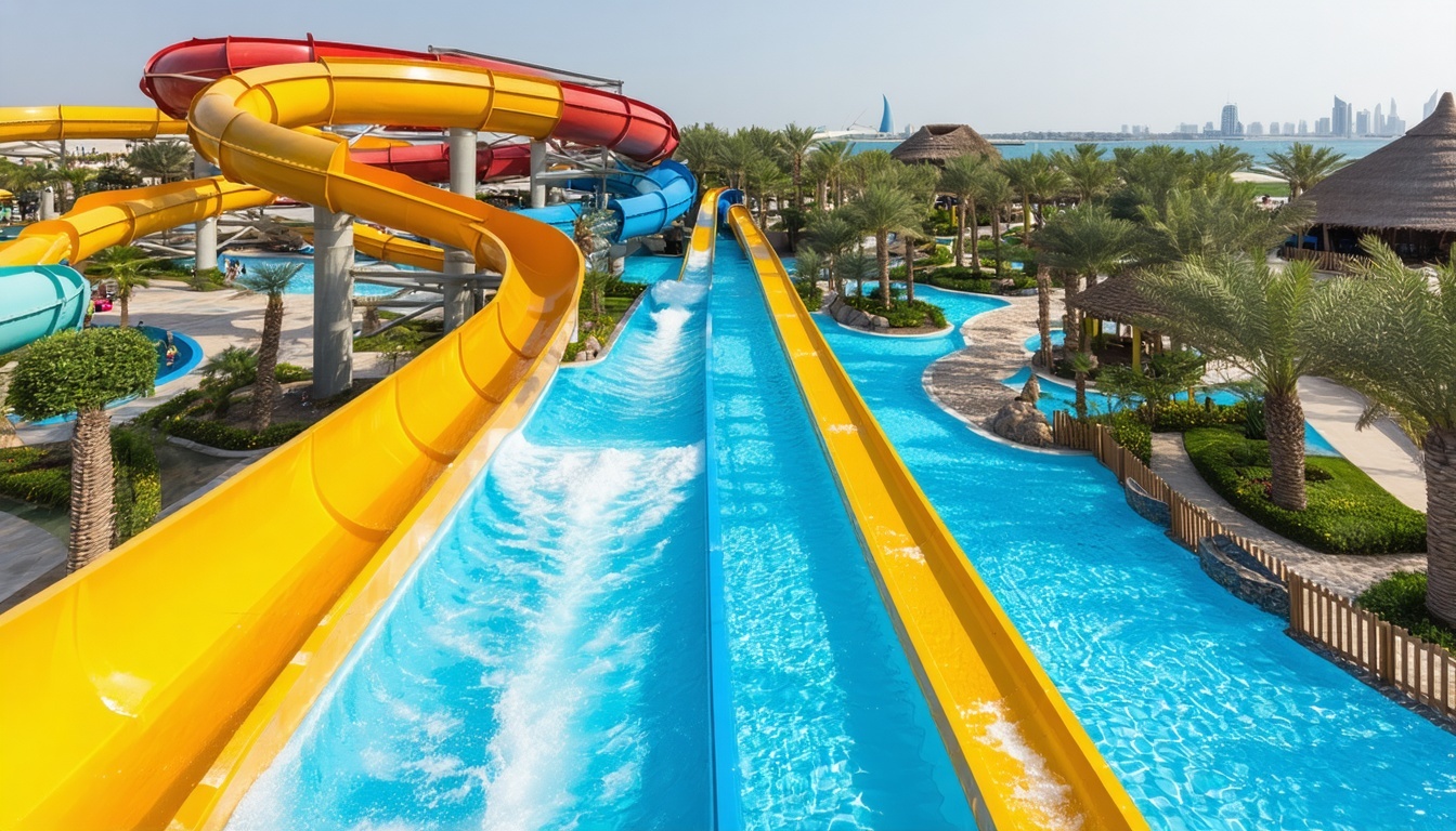 Aerial view of Aquaventure World Dubai waterpark with slides and pools