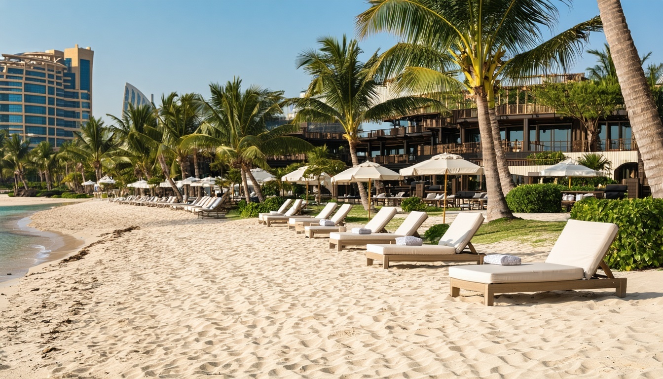 Serene private beach area at Aquaventure World Dubai with loungers and palm trees