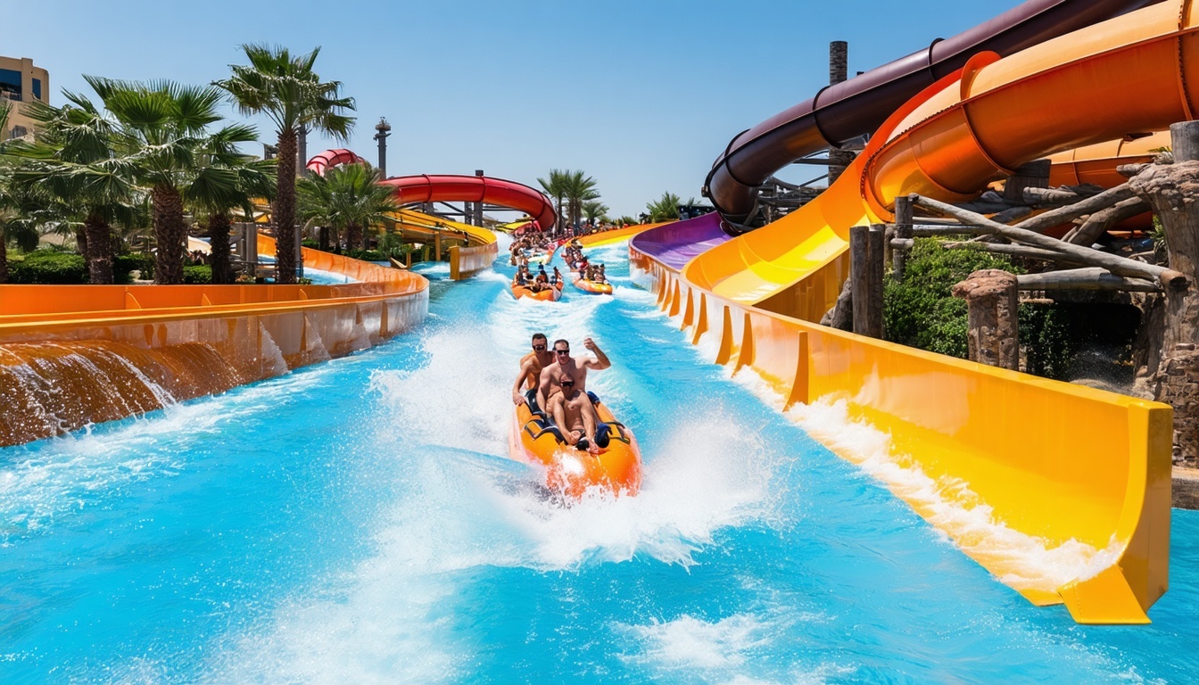 Guests enjoying thrilling water slides and rides at Aquaventure World Dubai
