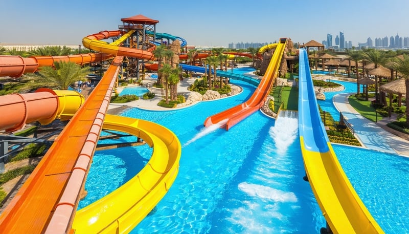 Aerial view of Aquaventure World Dubai waterpark with slides and pools Aerial view of Aquaventure World Dubai waterpark with slides and pools